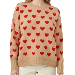 NWT VINCE CAMUTO Tan & Red Heart Crewneck Long Sleeve Sweater Size Small